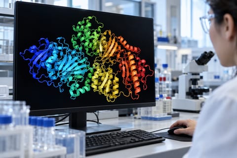 En farvet tredimensionel proteinstruktur på en computerskærm ved en arbejdsstation i et laboratorium.