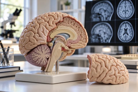 En anatomisk hjernemodel med en aftagelig del står foran en skærm med gråtonede hjernesnit.