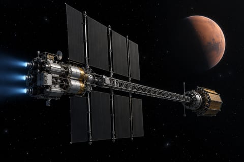 Et rumfartøj med lange radiatorpaneler, elektriske motorer og en reaktorsektion foran den røde planet Mars.