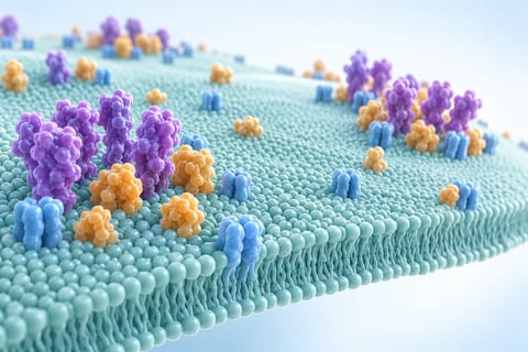 Konceptillustration af farvede proteinformer samlet i grupper på en lys cellemembran