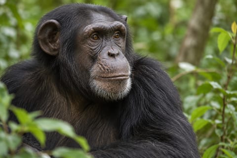 En voksen chimpanse med mørk pels sidder foran grønne blade og ser til siden.