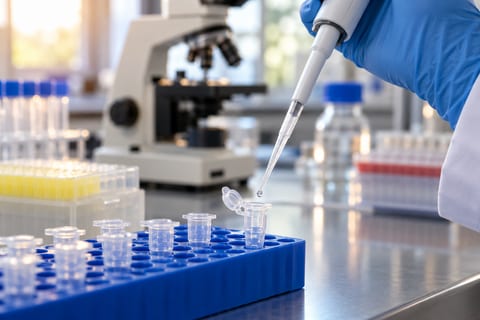 En hånd med blå laboratoriehandske holder en pipette over et åbent prøverør.