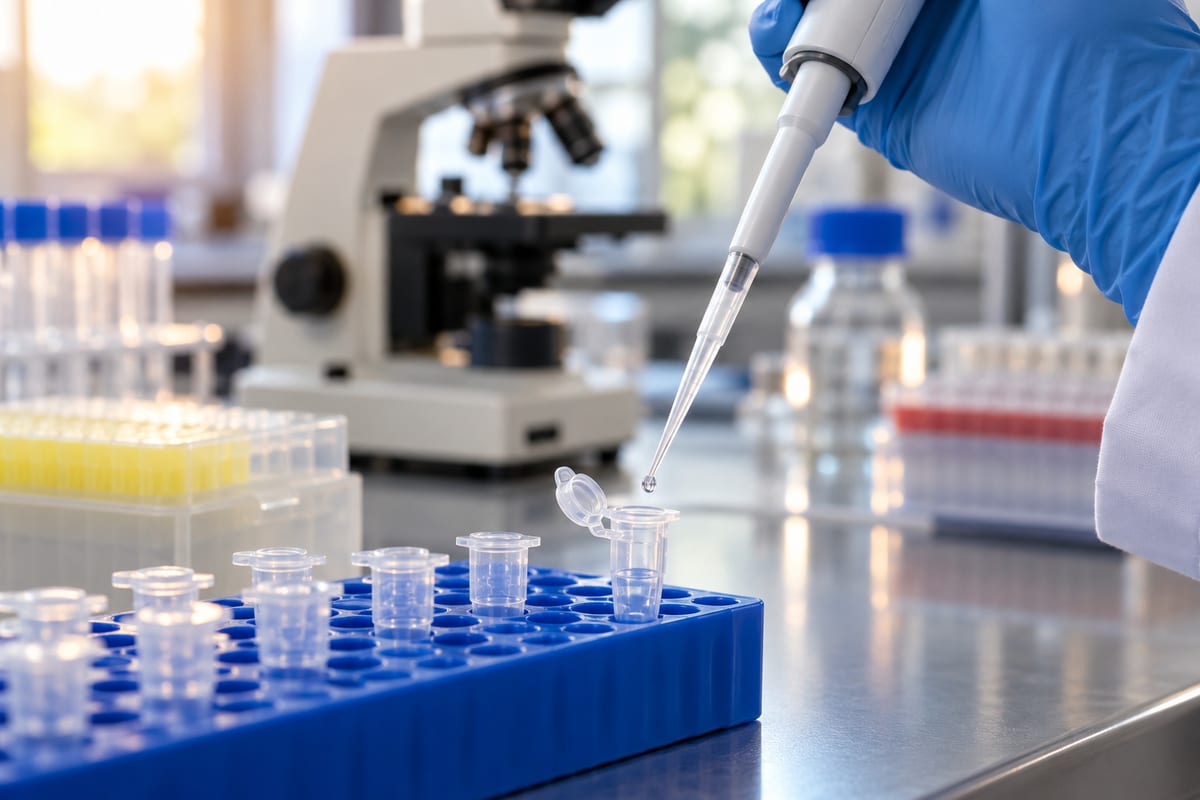 En hånd med blå laboratoriehandske holder en pipette over et åbent prøverør.