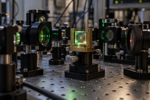 Lille transparent diamantplade i en metalholder mellem optiske komponenter på et laboratoriebord