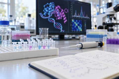 Små klare prøverør i et hvidt stativ ved en pipette og en skærm med molekylære former