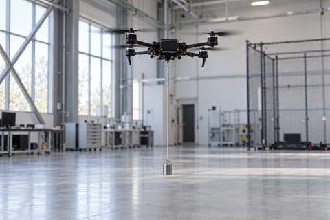 En lille quadcopter svæver i en testhal med en metalvægt hængende i en tynd line.
