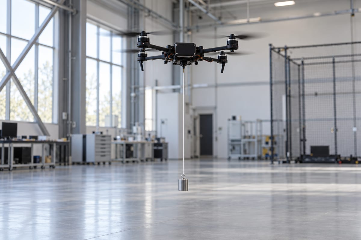 En lille quadcopter svæver i en testhal med en metalvægt hængende i en tynd line.
