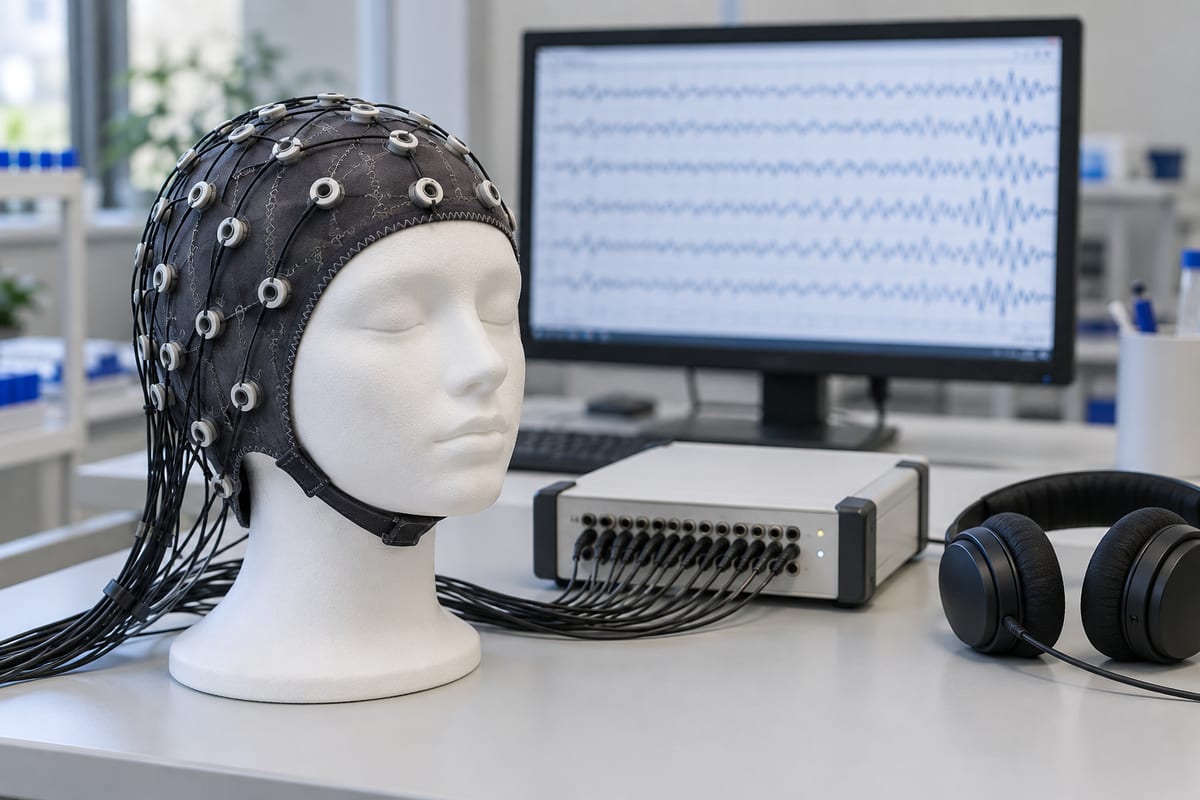 En hvid hovedmodel med EEG-hætte og ledninger står ved siden af høretelefoner og måleudstyr.