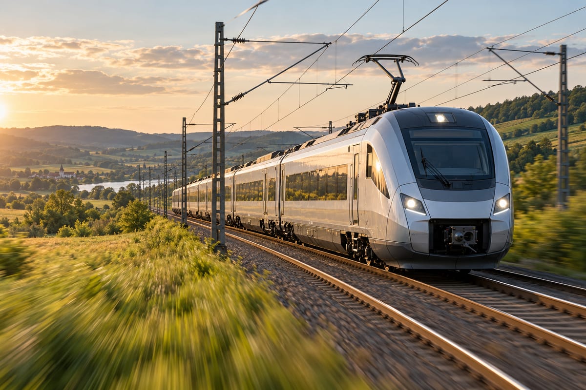 Et sølvfarvet elektrisk passagertog kører på en elektrificeret jernbane gennem et grønt landskab.