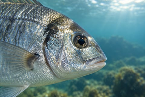 Nærbillede af en sølvfarvet fisks øje og skæl i blågrønt vand
