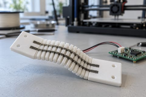Et hvidt ribbet 3D-printet led med mørke spor ligger ved en lille printplade og tynde ledninger.