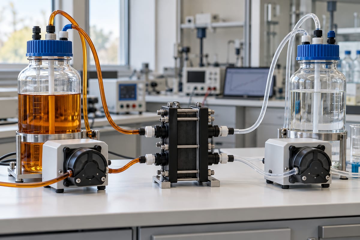 To glasbeholdere med væske og slanger forbundet til en lille sort battericelle på et laboratoriebord.