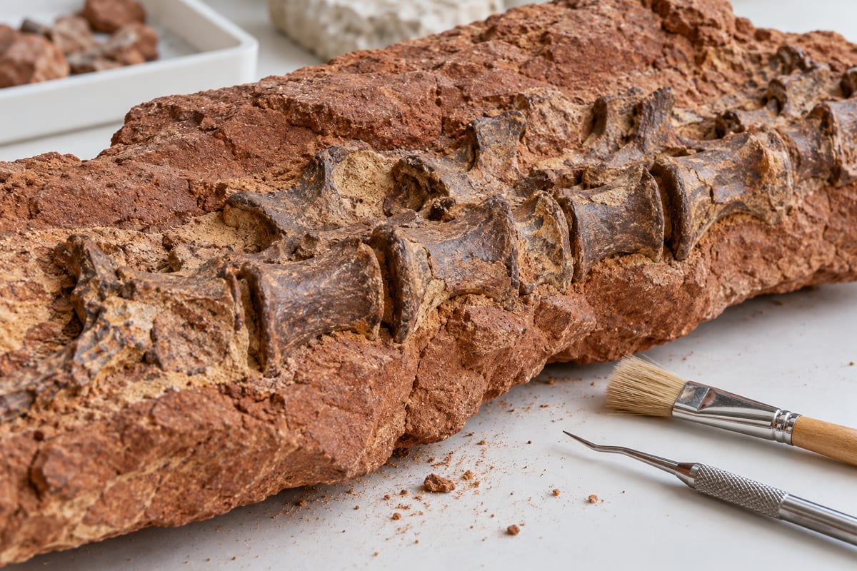 En række mørke fossile hvirvler er delvist blotlagt i rødlig sandsten ved en præparationspensel.