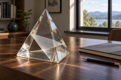 En gennemsigtig geometrisk glasmodel med et plant snit står på et skrivebord ved siden af en notesbog.