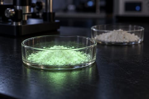 En lille glasskål med svagt grønt lysende pulver står på en mørk laboratoriebænk.