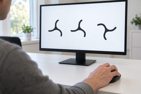 En hånd betjener en computermus ved en skærm med buede figurer i forskellige retninger.