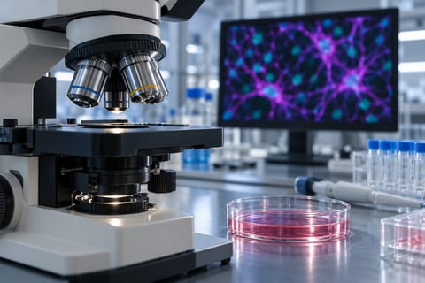 Et laboratoriemikroskop og en klar dyrkningsskål foran en skærm med lilla og turkise celleformer.