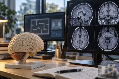 En anatomisk hjernemodel foran skærme med hjerneskanninger og en navigationsopgave.