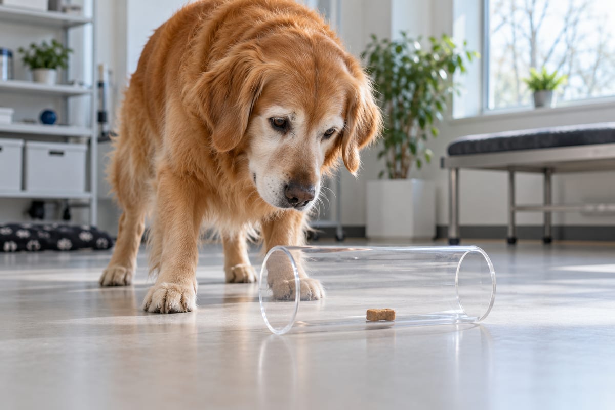 Ældre golden retriever ser på en godbid i et gennemsigtigt rør med åbne ender