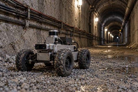 En kompakt robot med fire hjul står på grusgulvet i en tunnel med kabler langs væggen.