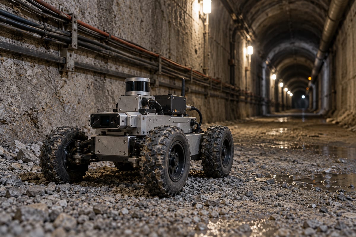 En kompakt robot med fire hjul står på grusgulvet i en tunnel med kabler langs væggen.