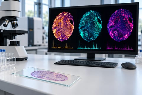 Konceptillustration af et objektglas foran en skærm med tre farvede molekylære kort.