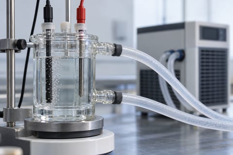 En klar elektrokemisk glascelle med elektroder, små bobler og køleslanger på et laboratoriebord.