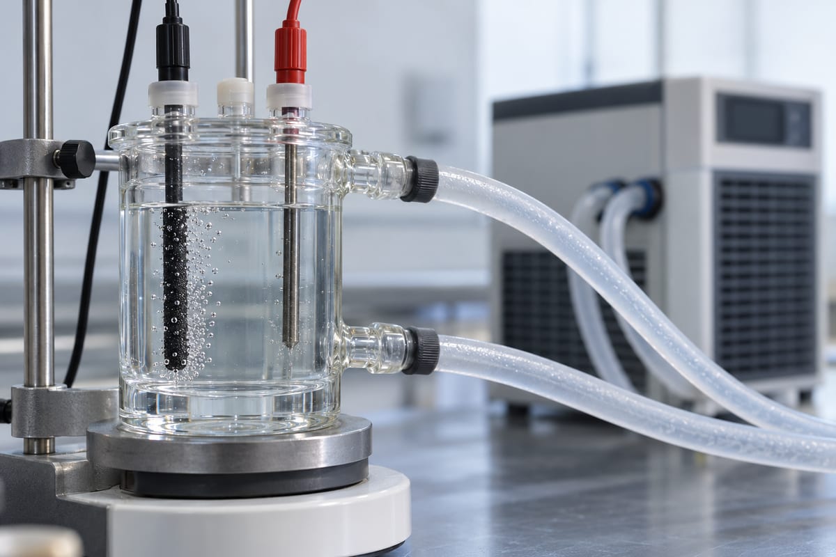 En klar elektrokemisk glascelle med elektroder, små bobler og køleslanger på et laboratoriebord.