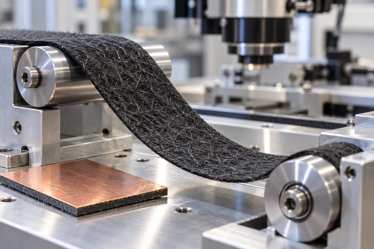 En tynd sort kulfiberfilt bøjer mellem metalruller på en laboratoriebænk med en kobberfarvet prøve ved siden af.