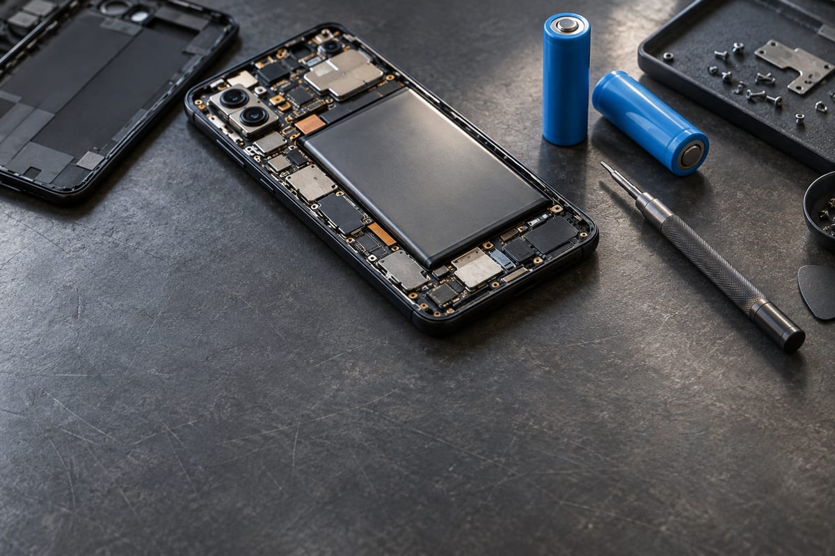 En åbnet smartphone med synligt batteri og kredsløb ved siden af to blå battericeller.