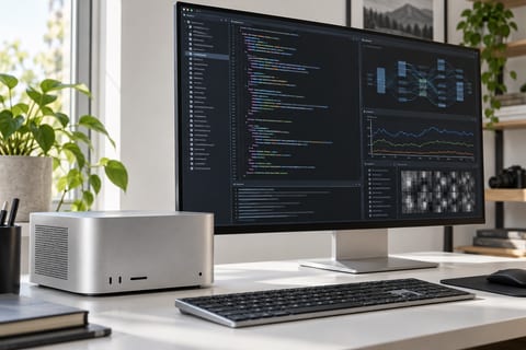 En kompakt sølvfarvet computer står ved en skærm med kode og grafer på et hvidt skrivebord.
