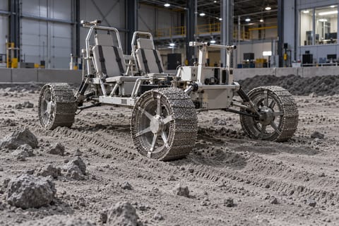 En åben firehjulet rover med to sæder og metalnethjul står i gråt jordmateriale i en testhal.