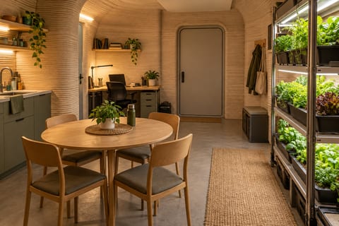 Et kompakt fællesrum med bord, fire stole og grønne afgrøder under vækstlys.