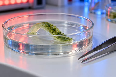 En lille grønlig, gennemskinnelig gelstrimmel bøjer i en glasskål med væske under blødt rødt og blåt lys.