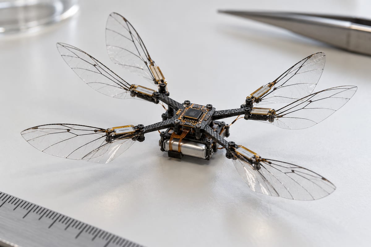 En lille eksperimentel robot med gennemsigtige membranvinger og elektronik hviler på et hvidt laboratoriebord.