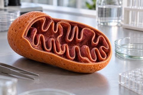 En orange model af et mitokondrie viser en ydre skal og en foldet indre membran på et laboratoriebord.