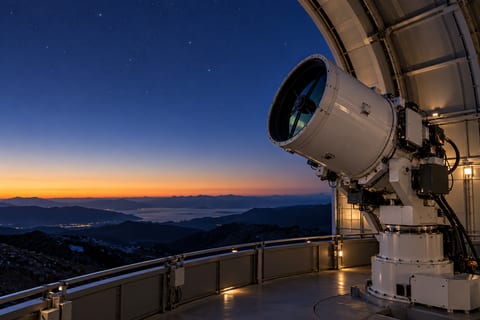 Et hvidt teleskop på en præcisionsmontering i en åben observatoriekuppel under en blå aftenhimmel.