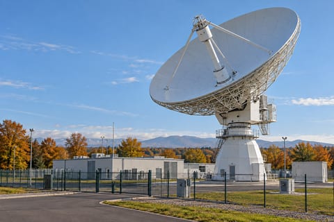 En stor hvid parabolantenne står i et indhegnet teknisk område under blå himmel.