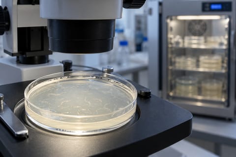 En klar petriskål med lys agar står på et mikroskop i et laboratorium.