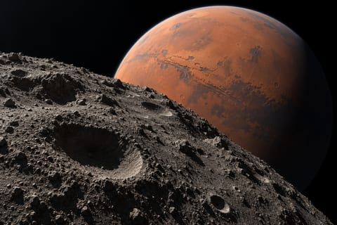 En mørk, kraterfyldt måneoverflade ses foran den rødlige planet Mars.