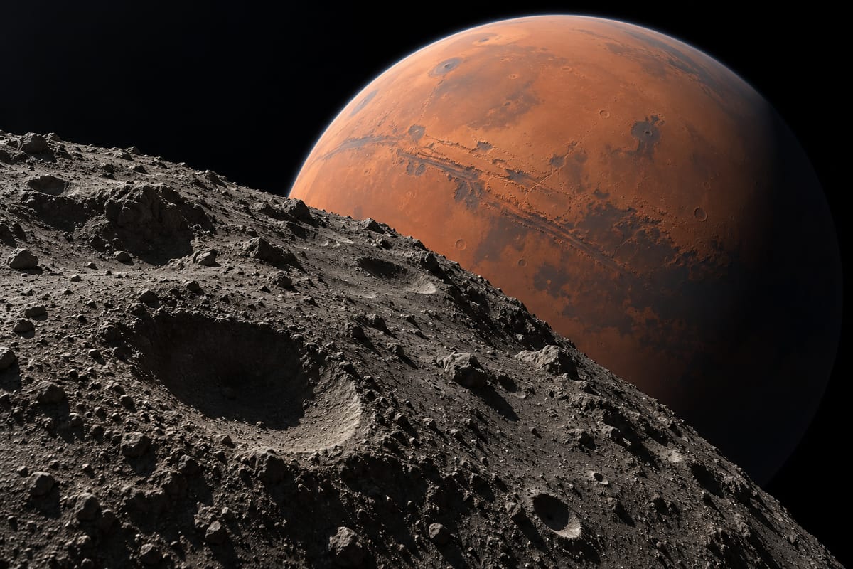 En mørk, kraterfyldt måneoverflade ses foran den rødlige planet Mars.