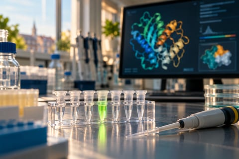 Små prøverør og en pipette står foran en skærm med en farvet proteinstruktur.