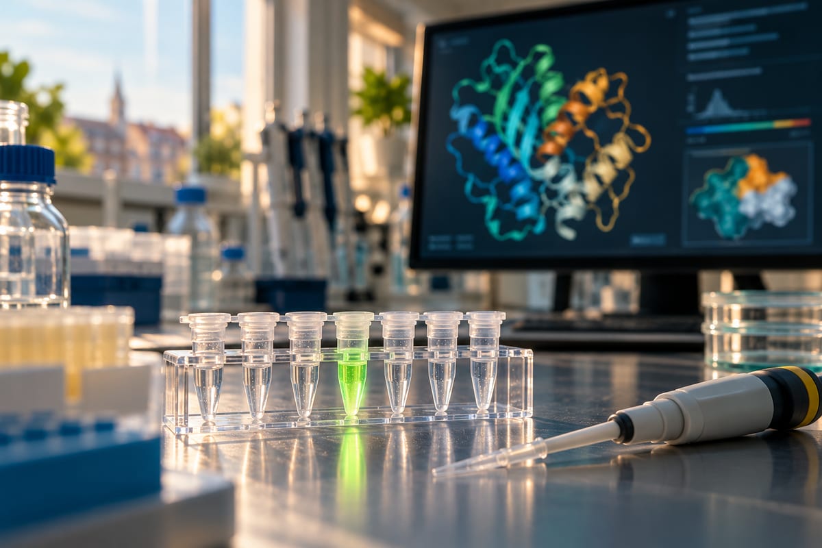 Små prøverør og en pipette står foran en skærm med en farvet proteinstruktur.