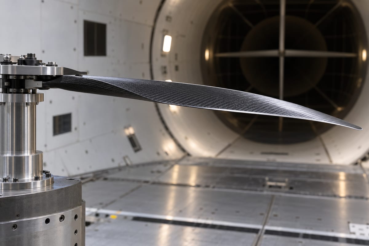 Mørkt rotorblad fastgjort til en metalholder foran åbningen til en vindtunnel.