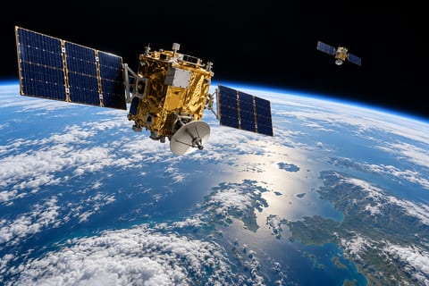 En satellit med blå solpaneler og parabolantenne over Jordens blå horisont med en anden satellit i baggrunden.