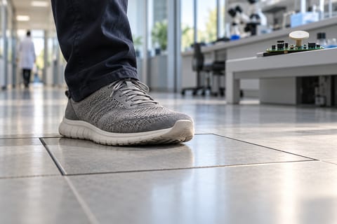 En sneaker trykker på en firkantet flise i en lys laboratoriegang.
