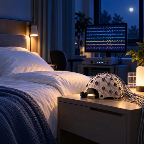 Konceptillustration af en EEG-hætte ved en seng og en skærm med abstrakte bølgekurver.