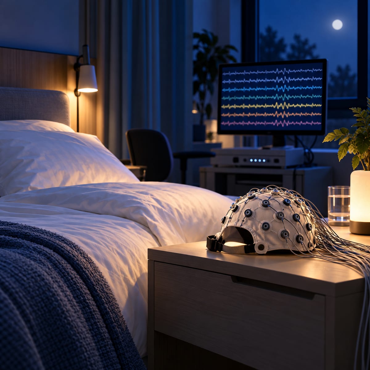 Konceptillustration af en EEG-hætte ved en seng og en skærm med abstrakte bølgekurver.