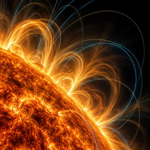 Konceptillustration af glødende plasma over Solens kant med farvede buer i forskellige retninger.