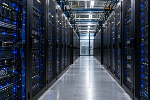 En lang gang mellem mørke computerracks med små blå statuslys.